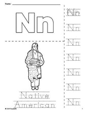 Free printable Native American Thanksgiving coloring page and letter tracing worksheet, letter n worksheet for preschool, pre-k, and kindergarten, PDF