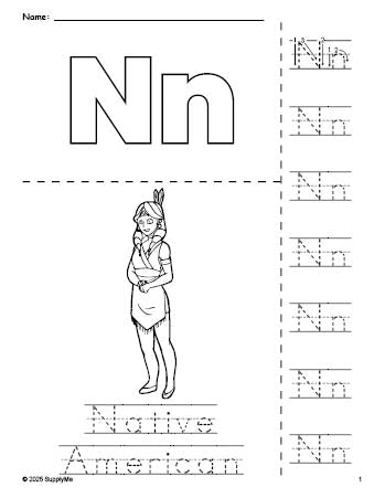 Free printable Native American Thanksgiving coloring page and letter tracing worksheet, letter n worksheet for preschool, pre-k, and kindergarten, PDF