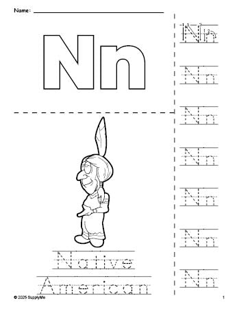 Free printable Native American Thanksgiving coloring page and letter tracing worksheet, letter n worksheet for preschool, pre-k, and kindergarten, PDF