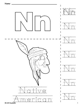 Free printable Native American Thanksgiving coloring page and letter tracing worksheet, letter n worksheet for preschool, pre-k, and kindergarten, PDF