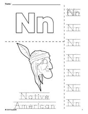 Free printable Native American Thanksgiving coloring page and letter tracing worksheet, letter n worksheet for preschool, pre-k, and kindergarten, PDF