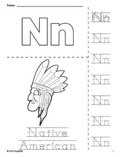 Free printable Native American Thanksgiving coloring page and letter tracing worksheet, letter n worksheet for preschool, pre-k, and kindergarten, PDF