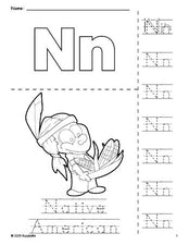 Free printable Native American Thanksgiving coloring page and letter tracing worksheet, letter n worksheet for preschool, pre-k, and kindergarten, PDF