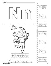 Free printable Native American Thanksgiving coloring page and letter tracing worksheet, letter n worksheet for preschool, pre-k, and kindergarten, PDF