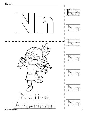 Free printable Native American Thanksgiving coloring page and letter tracing worksheet, letter n worksheet for preschool, pre-k, and kindergarten, PDF