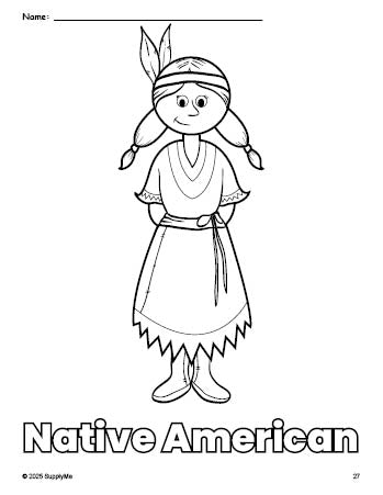 Free printable Native American Thanksgiving coloring page for preschool, pre-k, and kindergarten, PDF