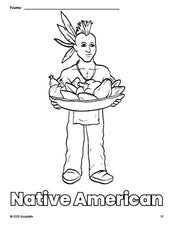 Free printable Native American Thanksgiving coloring page for preschool, pre-k, and kindergarten, PDF