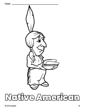 Free printable Native American Thanksgiving coloring page for preschool, pre-k, and kindergarten, PDF