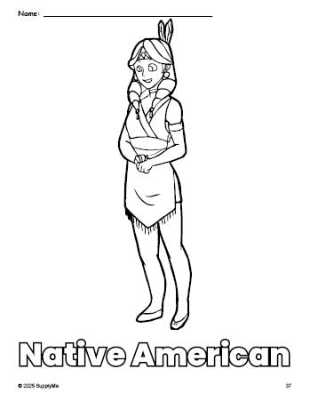 Free printable Native American Thanksgiving coloring page for preschool, pre-k, and kindergarten, PDF