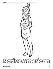 Free printable Native American Thanksgiving coloring page for preschool, pre-k, and kindergarten, PDF