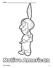 Free printable Native American Thanksgiving coloring page for preschool, pre-k, and kindergarten, PDF