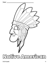 Free printable Native American Thanksgiving coloring page for preschool, pre-k, and kindergarten, PDF