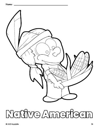 Free printable Native American Thanksgiving coloring page for preschool, pre-k, and kindergarten, PDF