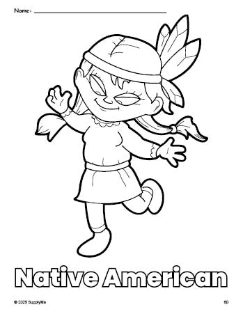 Free printable Native American Thanksgiving coloring page for preschool, pre-k, and kindergarten, PDF