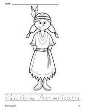 Free printable Native American Thanksgiving coloring page and word tracing worksheet, perfect for preschool, pre-k, and kindergarten, PDF