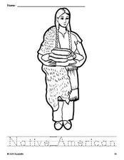 Free printable Native American Thanksgiving coloring page and word tracing worksheet, perfect for preschool, pre-k, and kindergarten, PDF