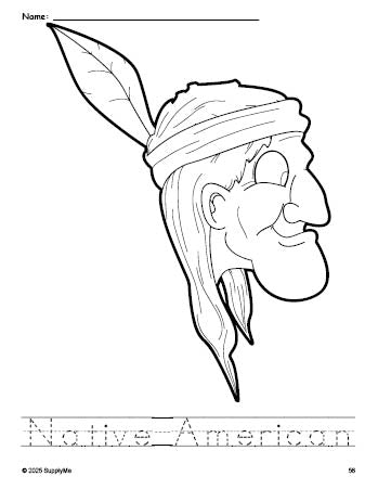 Free printable Native American Thanksgiving coloring page and word tracing worksheet, perfect for preschool, pre-k, and kindergarten, PDF