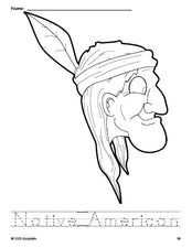 Free printable Native American Thanksgiving coloring page and word tracing worksheet, perfect for preschool, pre-k, and kindergarten, PDF