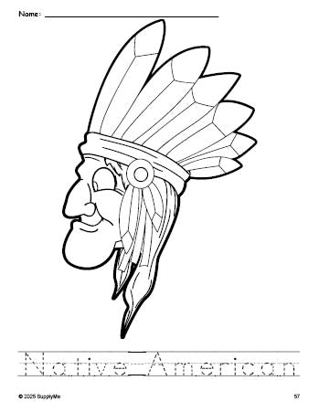 Free printable Native American Thanksgiving coloring page and word tracing worksheet, perfect for preschool, pre-k, and kindergarten, PDF