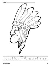 Free printable Native American Thanksgiving coloring page and word tracing worksheet, perfect for preschool, pre-k, and kindergarten, PDF