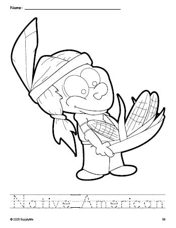 Free printable Native American Thanksgiving coloring page and word tracing worksheet, perfect for preschool, pre-k, and kindergarten, PDF