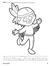 Free printable Native American Thanksgiving coloring page and word tracing worksheet, perfect for preschool, pre-k, and kindergarten, PDF