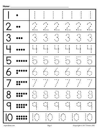 Number Tracing Worksheet Numbers 1-10