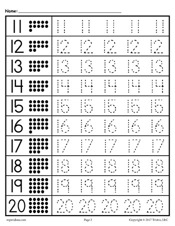 Number Tracing Worksheet Numbers 11-20