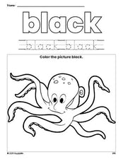 Free octopus color black coloring page and color worksheet, black worksheet for preschoolers to learn colors, printable PDF