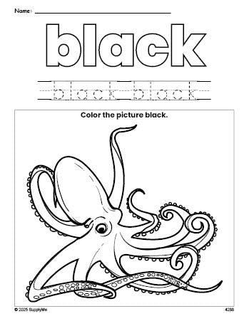 Free octopus color black coloring page and color worksheet, black worksheet for preschoolers to learn colors, printable PDF