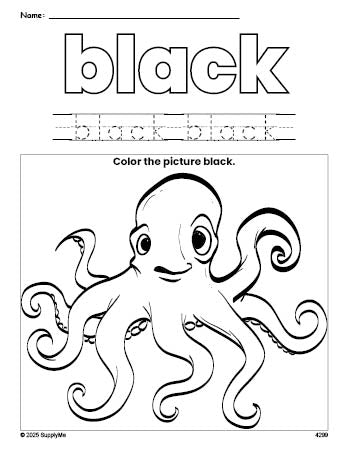 Free octopus color black coloring page and color worksheet, black worksheet for preschoolers to learn colors, printable PDF