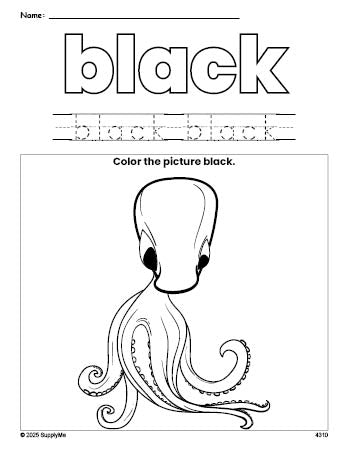 Free octopus color black coloring page and color worksheet, black worksheet for preschoolers to learn colors, printable PDF