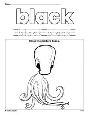 Free octopus color black coloring page and color worksheet, black worksheet for preschoolers to learn colors, printable PDF