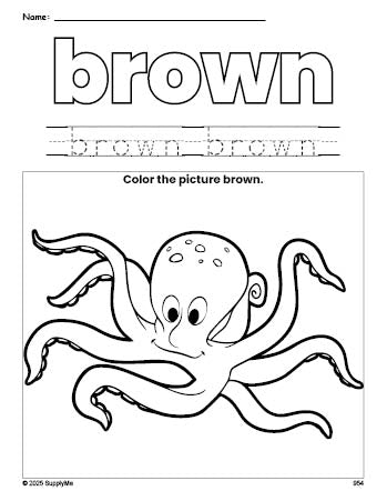 Free octopus color brown coloring page and color worksheet, brown worksheet for preschoolers to learn colors, printable PDF