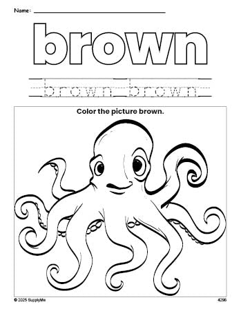 Free octopus color brown coloring page and color worksheet, brown worksheet for preschoolers to learn colors, printable PDF