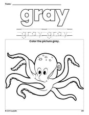 Free octopus color gray coloring page and color worksheet, gray worksheet for preschoolers to learn colors, printable PDF