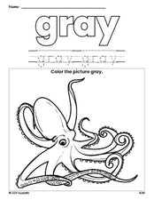 Free octopus color gray coloring page and color worksheet, gray worksheet for preschoolers to learn colors, printable PDF