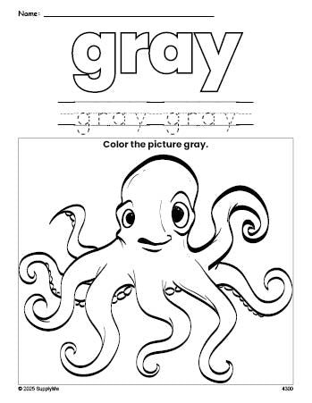 Free octopus color gray coloring page and color worksheet, gray worksheet for preschoolers to learn colors, printable PDF