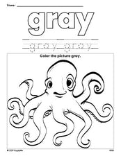 Free octopus color gray coloring page and color worksheet, gray worksheet for preschoolers to learn colors, printable PDF