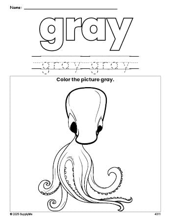 Free octopus color gray coloring page and color worksheet, gray worksheet for preschoolers to learn colors, printable PDF