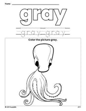 Free octopus color gray coloring page and color worksheet, gray worksheet for preschoolers to learn colors, printable PDF