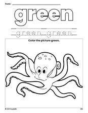 Free octopus color green coloring page and color worksheet, green worksheet for preschoolers to learn colors, printable PDF