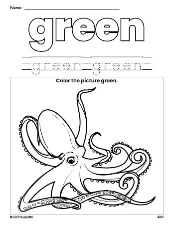 Free octopus color green coloring page and color worksheet, green worksheet for preschoolers to learn colors, printable PDF