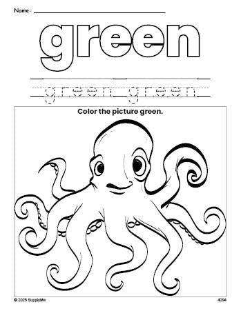 Free octopus color green coloring page and color worksheet, green worksheet for preschoolers to learn colors, printable PDF