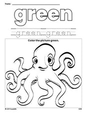 Free octopus color green coloring page and color worksheet, green worksheet for preschoolers to learn colors, printable PDF