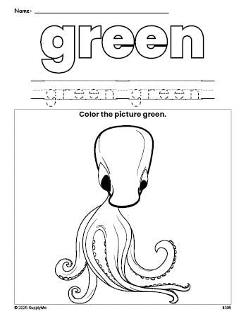 Free octopus color green coloring page and color worksheet, green worksheet for preschoolers to learn colors, printable PDF