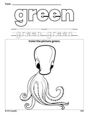 Free octopus color green coloring page and color worksheet, green worksheet for preschoolers to learn colors, printable PDF