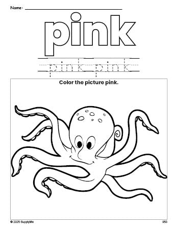 Free octopus color pink coloring page and color worksheet, pink worksheet for preschoolers to learn colors, printable PDF