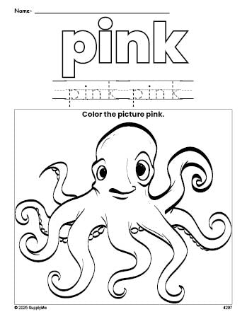 Free octopus color pink coloring page and color worksheet, pink worksheet for preschoolers to learn colors, printable PDF