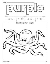 Free octopus color purple coloring page and color worksheet, purple worksheet for preschoolers to learn colors, printable PDF